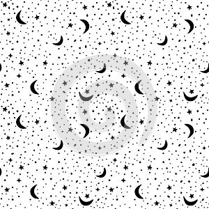 Seamless pattern with space in white and black colors. Vector background with stars and crescent moons