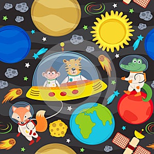 Seamless pattern with spacecraft and animals