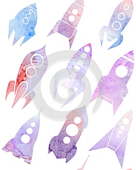 Seamless pattern with spacecraft with watercolor background.