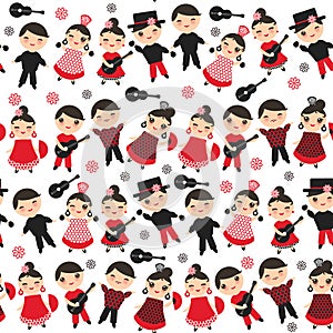 Seamless pattern Spanish flamenco dancer. Kawaii cute face pink cheeks winking eyes. Gipsy girl and boy, red black dress, polka do