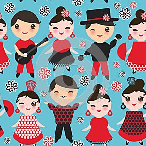 Seamless pattern Spanish flamenco dancer. Kawaii cute face with pink cheeks and winking eyes. Gipsy girl and boy, red black white