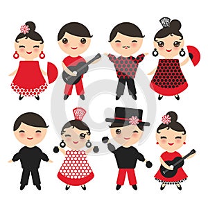 Seamless pattern Spanish flamenco dancer. Kawaii cute face with pink cheeks and winking eyes. Gipsy girl and boy, red black white