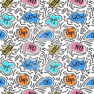 A seamless pattern of speech bubbles with dialog words, hand-drawn doodle-style elements. Boom, Oops, No, Okay, Wow