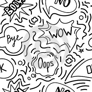 A seamless pattern of speech bubbles with hand-drawn doodle-style dialog words. Boom, Oops, No, Okay, Wow. Close-up