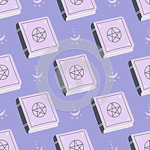 Seamless pattern with spell book, magic illustration