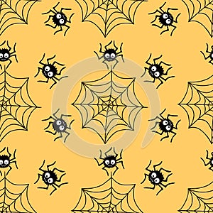 Seamless pattern with spiders and cobweb. Vector illustration isolated on orange background. Halloween texture