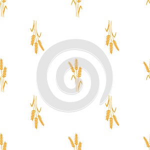 Seamless pattern with spikelets and grains of wheat on white background. Vector cartoon flat illustration for backery packaging, photo