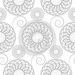 Seamless pattern with spirals and mandala flowers ornament. Vintage design element in monochromatic style. Ornamental lace tracery