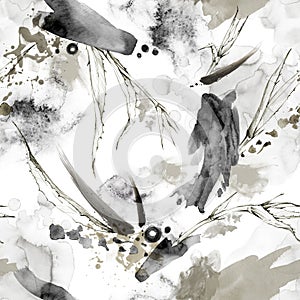 Seamless pattern with splashes, smears and tropical leaves. Abstract graphic illustration. Modern texture in beige photo