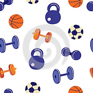 Seamless pattern with sports accessories. Dumbbells, kettlebells, barbells, balls for football and basketball. Fitness background