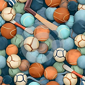 Seamless pattern of sports balls. 3D rendering illustration