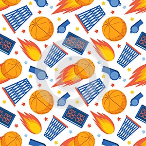 Seamless pattern of sports items on a white background. Basketball. Sports team game. Background of ball, basket