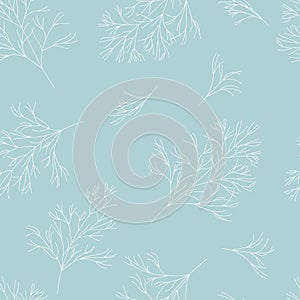 Seamless pattern with sprigs of dill. White twigs on blue background. Printing on textiles, bedding, wrapping paper