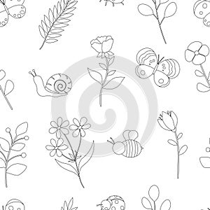 Seamless pattern spring black and white colors flowers insects vector illustration