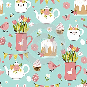 Seamless pattern with spring and Easter items. Vector graphics