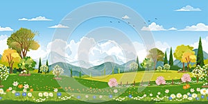 Seamless pattern Spring field with fluffy cloud on blue sky,Vector background banner Endless Cute cartoon panorama rural landscape