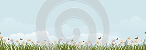 Seamless pattern Spring flower with Green Grass Field,Cloud and Blue Sky Background,Vector Cute Cartoon for Easter, Sunrise Summer