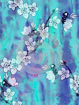 Seamless pattern. Spring flowers. Blooming tree.Collage of flowers on watercolor background.