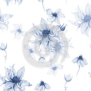 Seamless pattern with spring flowers in indigo tones