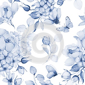 Seamless pattern with spring flowers in indigo tones