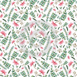 Seamless pattern with spring flowers and leaves.