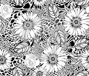 Seamless pattern with spring flowers and leaves. Hand drawn background. floral pattern for wallpaper or fabric