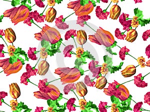 Seamless pattern with spring flowers and leaves. Hand drawn background. floral pattern for wallpaper or fabric