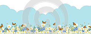 Seamless pattern Spring nature background with blue sky,cloud with bee and butterfly on daisy field.Vector Endless Summer green