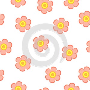 Seamless pattern with spring and summer pink flowers. Floral ornament. Simple flat cartoon style. For children. Easter holiday dec