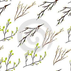 Seamless pattern with spring twigs and leaves.