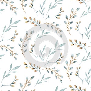 Seamless pattern with spring willow flowers and leaves. Easter Hand drawn background with pussy-willow branch. floral