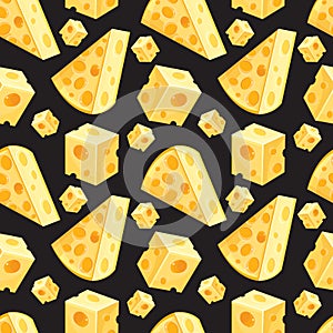 Seamless pattern of square and triangular slices of yellow cheese in vector. Swiss cheese background. Edam slice porous