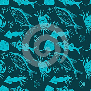 Seamless pattern with squid, bream fish, stingray and king crab