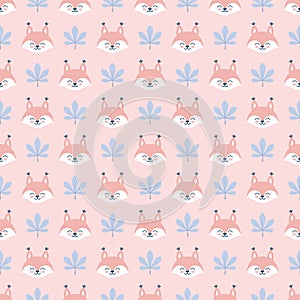 Seamless pattern with squirrel heads and leaves