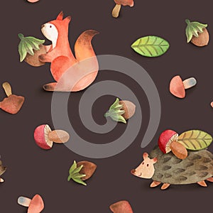 Seamless pattern with squirrel and hedgehog, leaf, hazelnut, mushroom