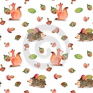 Seamless pattern with squirrel and hedgehog, leaf, hazelnut, mushroom