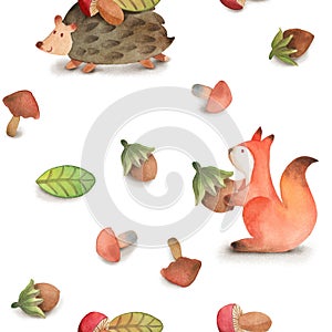 Seamless pattern with squirrel and hedgehog, leaf, hazelnut, mushroom