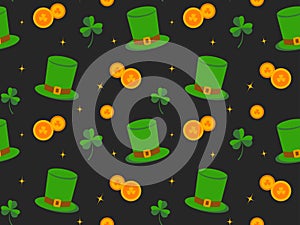 Seamless pattern for St. Patrick's Day on black background, Irish background, green clover and shamrock, spring