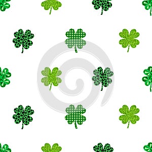 Seamless pattern St Patrick s Day Clover glitter and gemstone. Shamrock leopard and checkered vector illustration