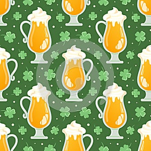 Seamless pattern of St. Patricks Day symbols. Beer, Oktoberfest. Four-leaf clover. Good luck. Magic, religious