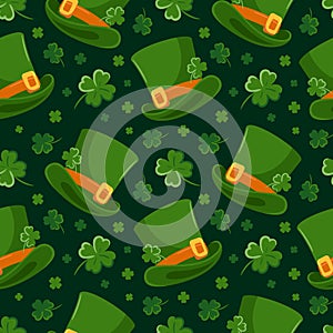 Seamless pattern of St. Patricks Day symbols. Leprechauns, top hat, Cartoon characters. Four-leaf clover. Good luck