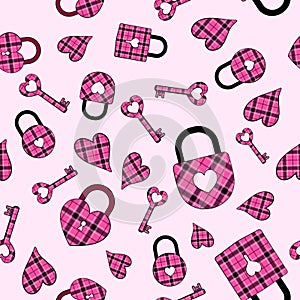 Seamless pattern for St. Valentine. Decorative locks and keys with pink buffalo plaid background on seamless pattern