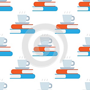 Seamless pattern, stack of books with a cup of hot coffee or tea. Books pile and hot drink cup