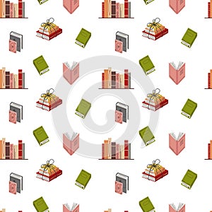 Seamless Pattern with Stacked Books and Reading Design Elements.