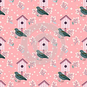 Seamless pattern with stalling birds and birdhouses with blossom branches.