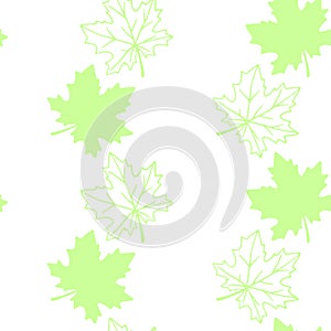 Seamless pattern of stamp green leaves of maple or grapes vine isolated on white background. Simple vector texture. Concept of