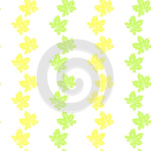 Seamless pattern of stamp green leaves of maple or grapes vine isolated on white background. Simple vector texture. Concept of