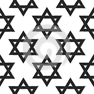 Seamless pattern with Star of David painted with rough brush. Grunge, watercolor, sketch.