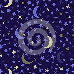 Seamless pattern with star and moon in dark sky. Cosmos stars on dark blue background for kids, children, toddlers.