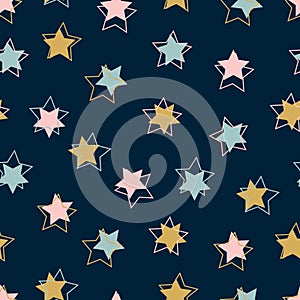 seamless pattern star on a star on a dark background with blue, pink, orange and white stars isolated on a dark blue